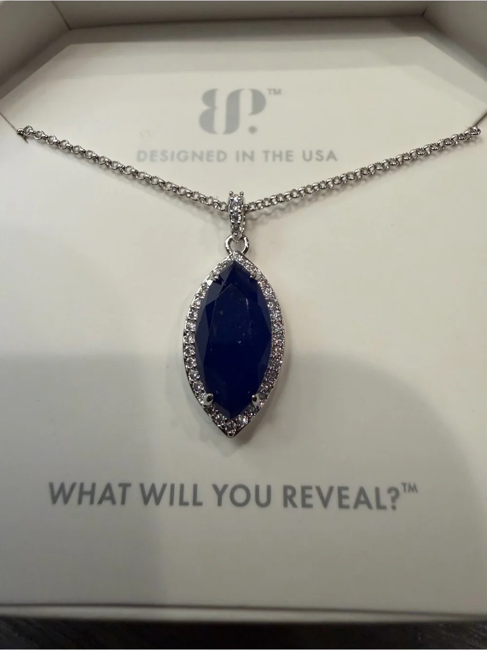 Deep Blue Marquise Pendant Necklace in Silver Tone